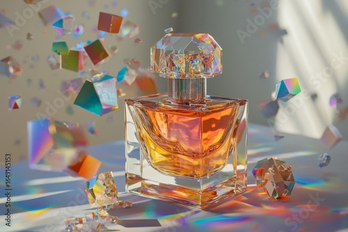 Amber perfume bottle surrounded by iridescent geometric shapes.