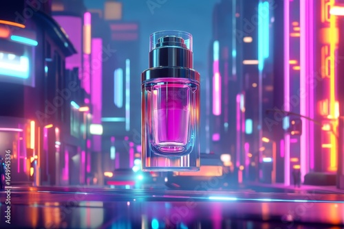 Elegant perfume bottle displayed in a futuristic city setting.
