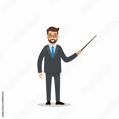 Smiling bearded businessman in a suit and glasses, holding a pointer, ready to present or explain something important. Flat vector illustration.