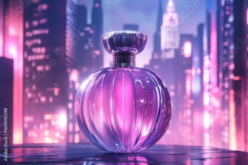Purple perfume bottle in a city at night.