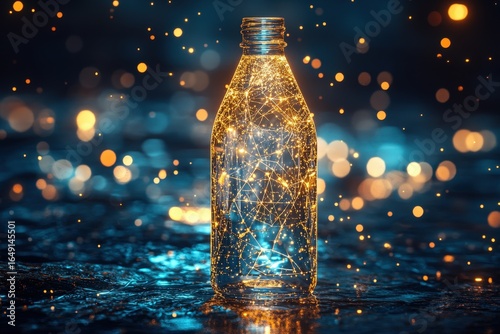 Illuminated glass bottle with interconnected light patterns.