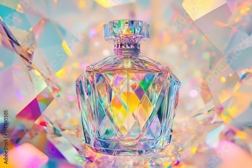 A vibrant perfume bottle with iridescent facets.