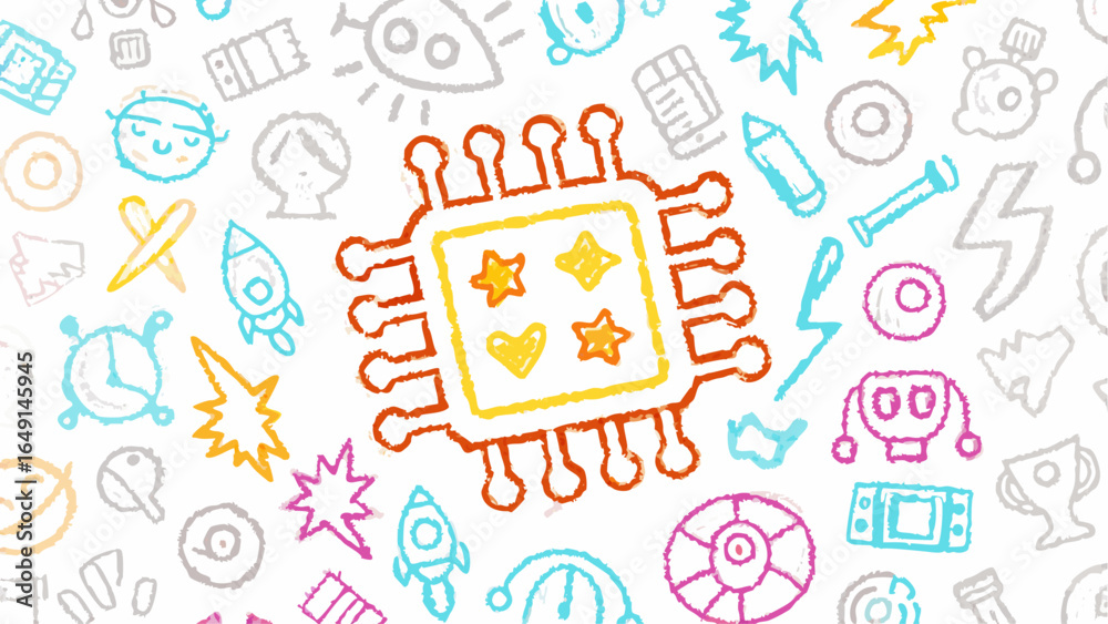 Fototapeta premium Doodle style illustration featuring a central chip surrounded by various sketched icons and symbols