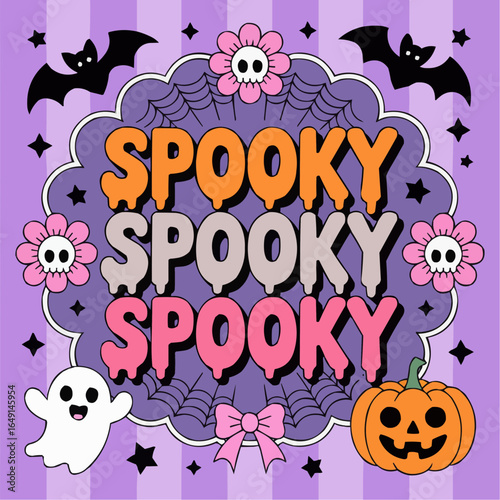 Three spooky texts with halloween elements like bats, flowers, ghost and pumpkin on purple background on transparent background