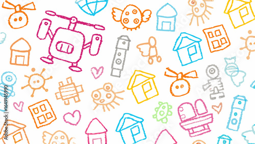 Whimsical crayon drawing featuring houses, hearts, robots, and various other simple doodle shapes
