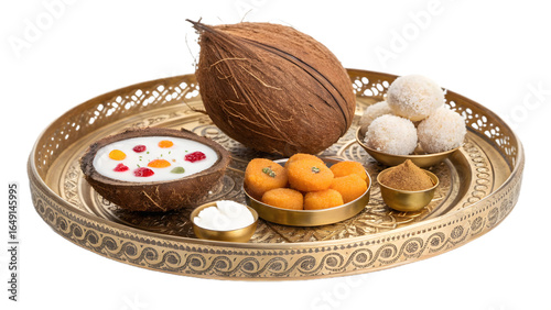 Indian offering tray with coconut and sweets, perfect for religious rituals, Hindu festivals, digital design, branding, wallpapers, posters, and print materials
