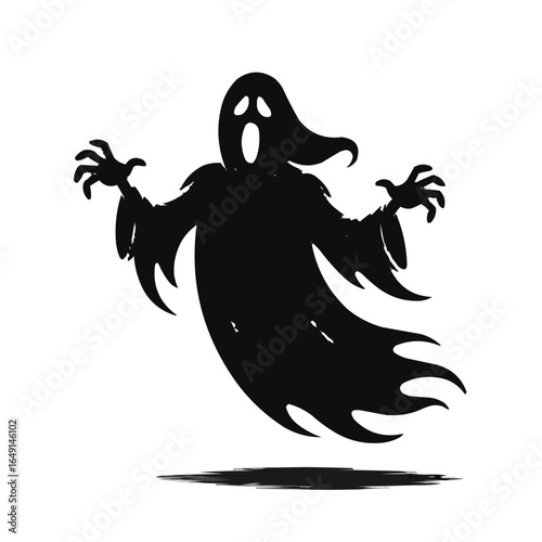 Black silhouette of a spooky ghost with outstretched arms floating above a dark shadow on white background on transparent background