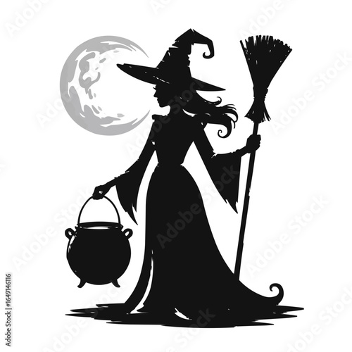 Silhouette of a witch with a cauldron and broom against the moon in a spooky halloween scene on transparent background
