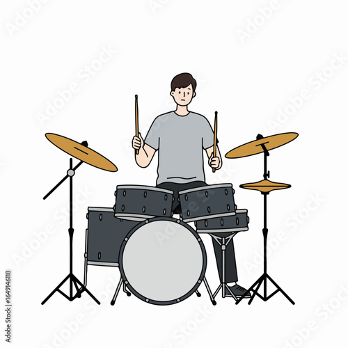 Young drummer playing a complete drum set, cartoon illustration isolated on white background, perfect for music and entertainment themes.