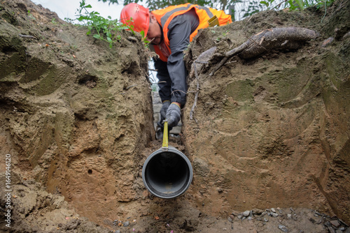 Construction worker in safety gear measuring and aligning a plastic drainage pipe in a trench during septic system installation at a private house, ensuring proper slope and connection for local sewag