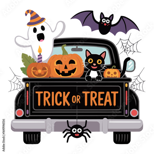 Halloween truck carrying pumpkins ghost cat and bat with trick or treat sign on the tailgate design on transparent background