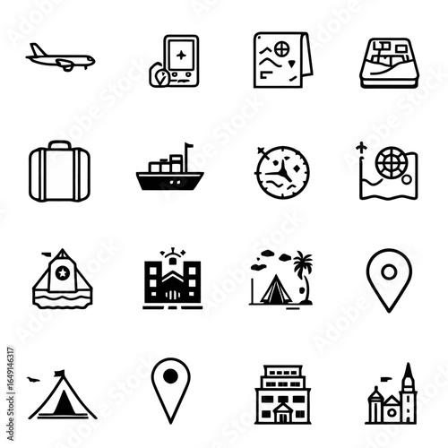Set of 12 minimalist solid black vector icons with travel and tourism theme including airplane, suitcase, passport, map, compass, ship, train, bus, tent, hotel, location pin, and ticket, clean flat de