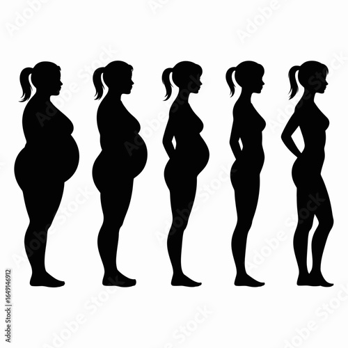 Silhouette progression of female body weight loss and fitness journey isolated on white background