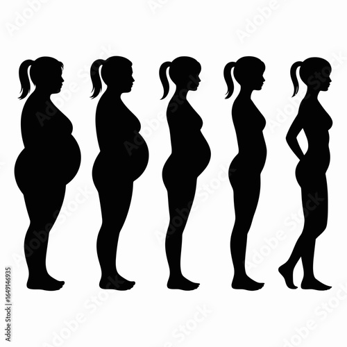 Five female body silhouettes showing weight loss progress isolated on white background
