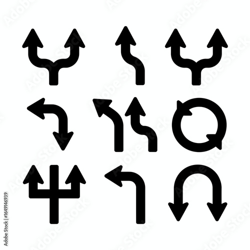 Collection of diverse arrow silhouettes indicating direction and choices isolated on white background