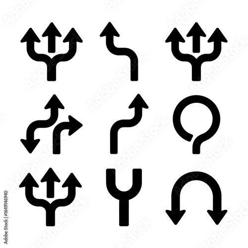 Collection of black arrow silhouettes showing directional choices and path variations isolated on white background