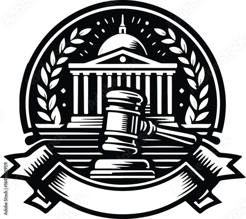Black and White Emblem of a Courthouse with Gavel and Laurel Wreaths on White Background justice style vector illustration EPS file download