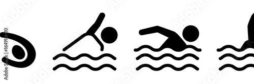 Collection of swimming and water sports silhouettes isolated on white background