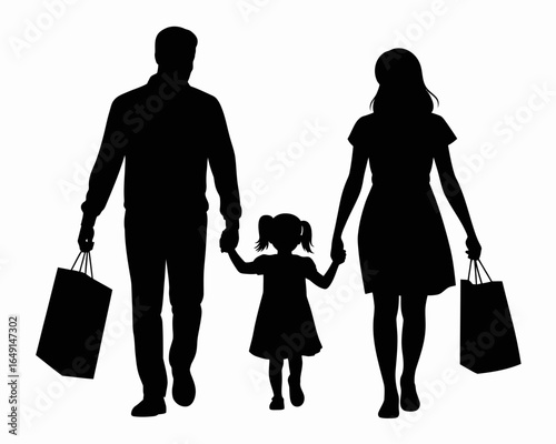 Family silhouette holding hands and shopping bags isolated on white background silhouette