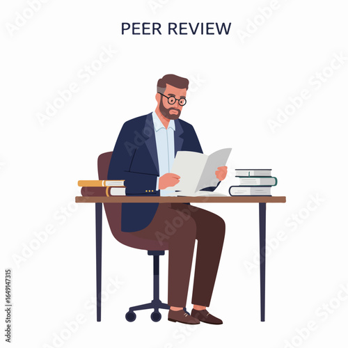 Peer Review Process: Male Professional Analyzing Research Documents and Books at Desk