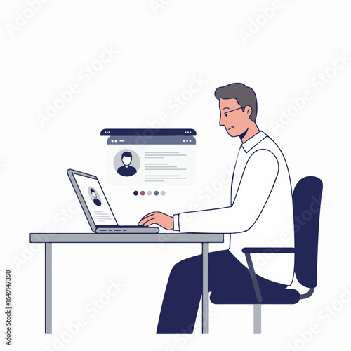 Man working on laptop managing online profile, account, or social media with digital interface. Remote work, user experience, and digital technology illustration.