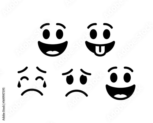 Collection of five distinct cartoon face expressions silhouette isolated on white background