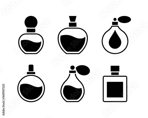 Collection of six stylized perfume bottle icons in silhouette isolated on white background