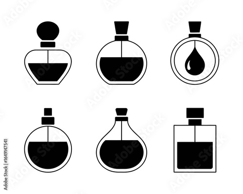 Collection of six perfume bottle silhouettes isolated on white background