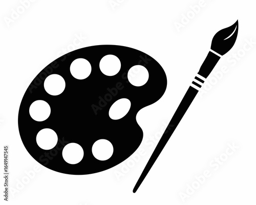 Black silhouette of an artist s paint palette and brush isolated on white background