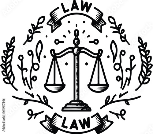 Black and white illustration of a law emblem with scales, laurel branches, and banners reading LAW style vector illustration EPS file download