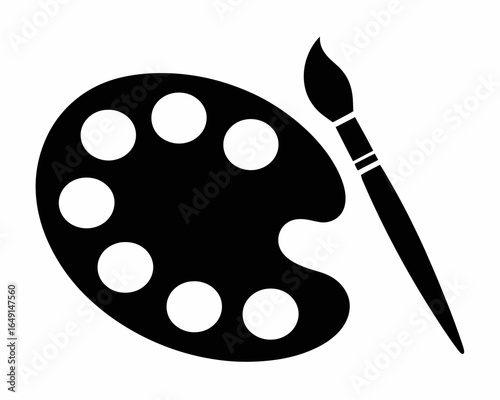 Black silhouette of an artist s paint palette with a brush isolated on white background