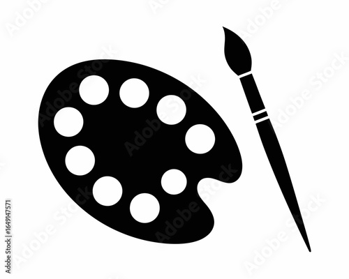 Black silhouette of an artist s paint palette with a brush isolated on white background