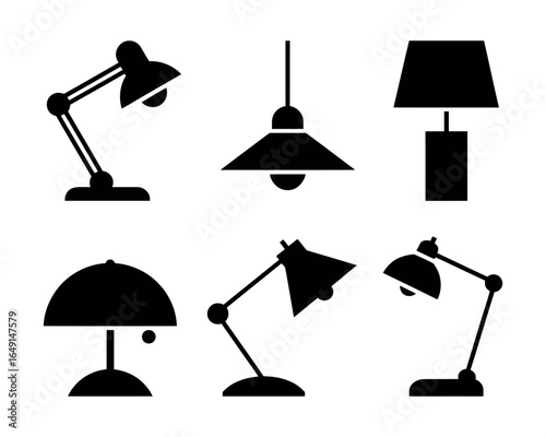 Collection of various lamp silhouettes isolated on white background