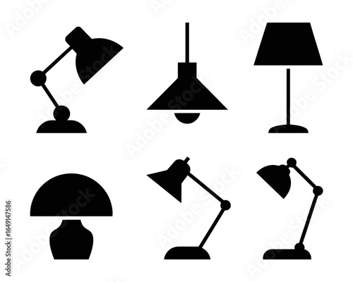 Collection of six different lamp silhouettes isolated on white background