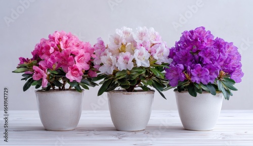 Wallpaper Mural Three potted flowering plants with vibrant pink, white, and purple blossoms arranged in white ceramic pots on a plain background Torontodigital.ca
