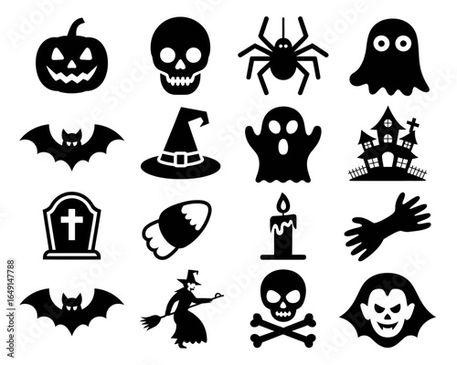 Collection of halloween icons featuring spooky silhouettes isolated on white background