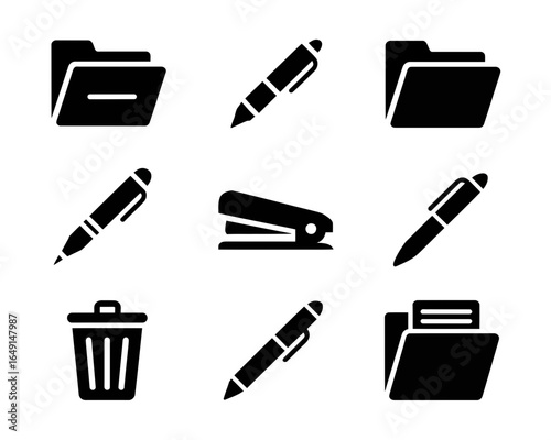 Collection of office supplies icons including folders pens and stapler silhouette isolated on white background