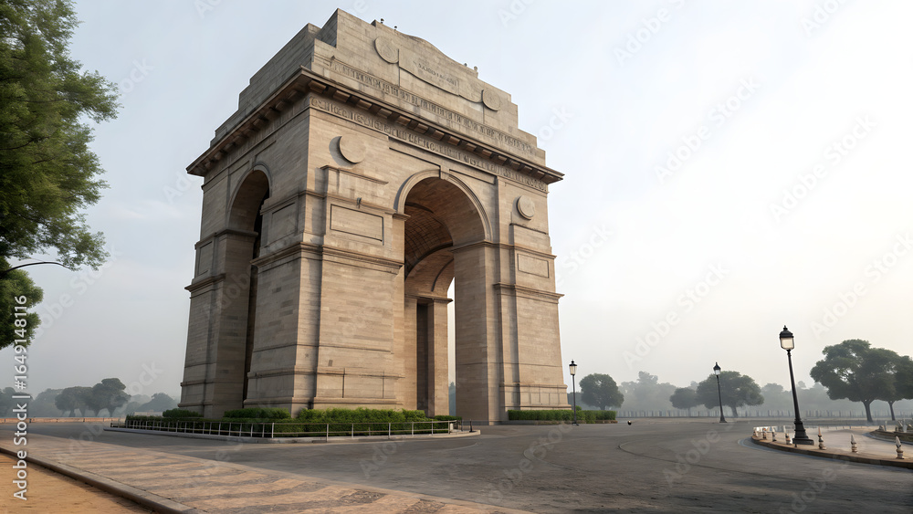 Fototapeta premium Historic India Gate monument archway in New Delhi with stone architecture, perfect for cultural, historical, travel, digital design, branding, wallpapers, posters, and print materials 