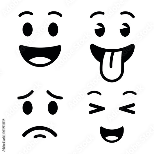 Four distinctive emoji faces expressing different emotions silhouette isolated on white background
