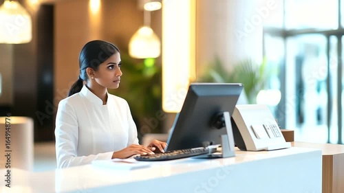 Elegant Indian Hotel Receptionist Welcoming Guests at a Stylish Front Desk A professional Indian hotel receptionist stands at a sleek, contemporary reception desk