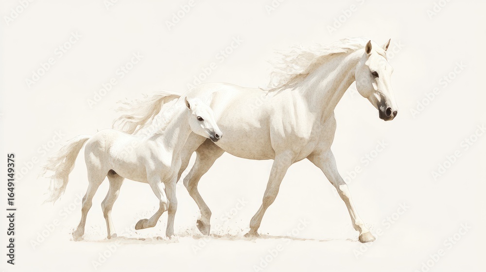 Obraz premium A white mare and her foal gracefully run across a sandy expanse against a bright, white background