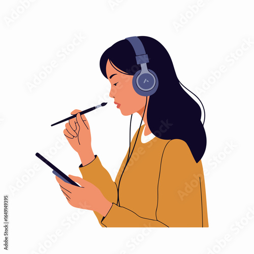 Focused Woman Wearing Headphones Engages in Digital Art on Tablet with a Paintbrush, Representing Modern Creativity