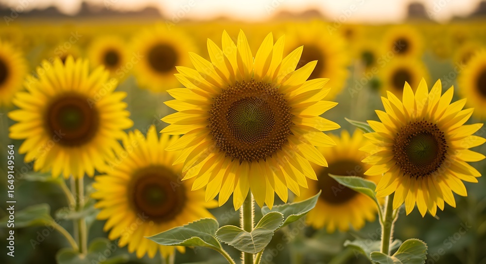 Obraz premium Radiant Sunflower in Sharp Focus Amid a Golden Field at Sunset