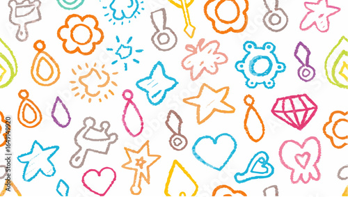 A colorful array of hand drawn shapes including stars flowers hearts and diamonds scattered on white background silhouette