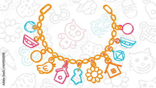 Illustration of a charm bracelet with various colorful charms hanging from a gold chain on white background silhouette