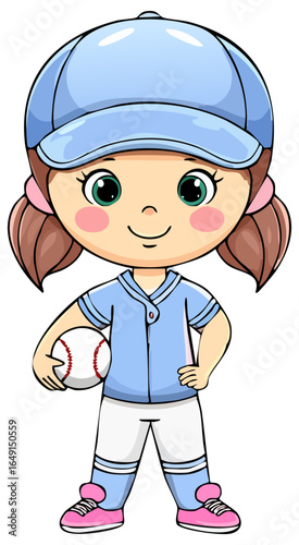 Cute cartoon girl softball player in uniform and holding a softball