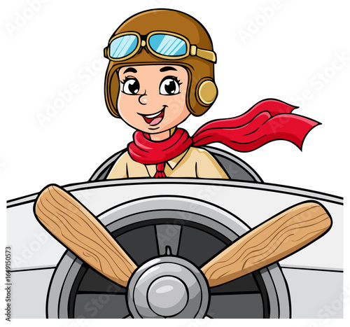Cute cartoon pilot flying an open cockpit biplane with red scarf flying in the wind 