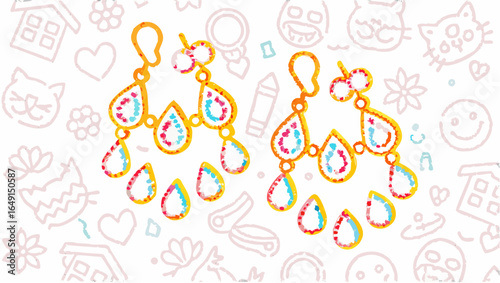 Illustration of two gold chandelier earrings with teardrop gems on a whimsical background sketch art silhouette