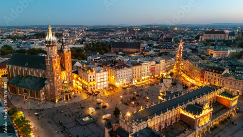 aerial view over central square of krakow in evening at sunset in poland