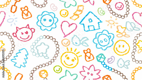 Seamless pattern featuring childlike drawings of faces, hearts, houses, and beaded necklaces artfully arranged silhouette